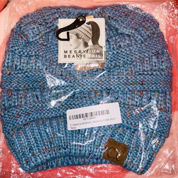 C.C MESSY BUN BEANIE TAIL SOFT STRETCH EXC.-🎉DENIM🩵~or~🎉OMBRE🫒,OS,BNWTIB/WOT - Picture 7 of 14